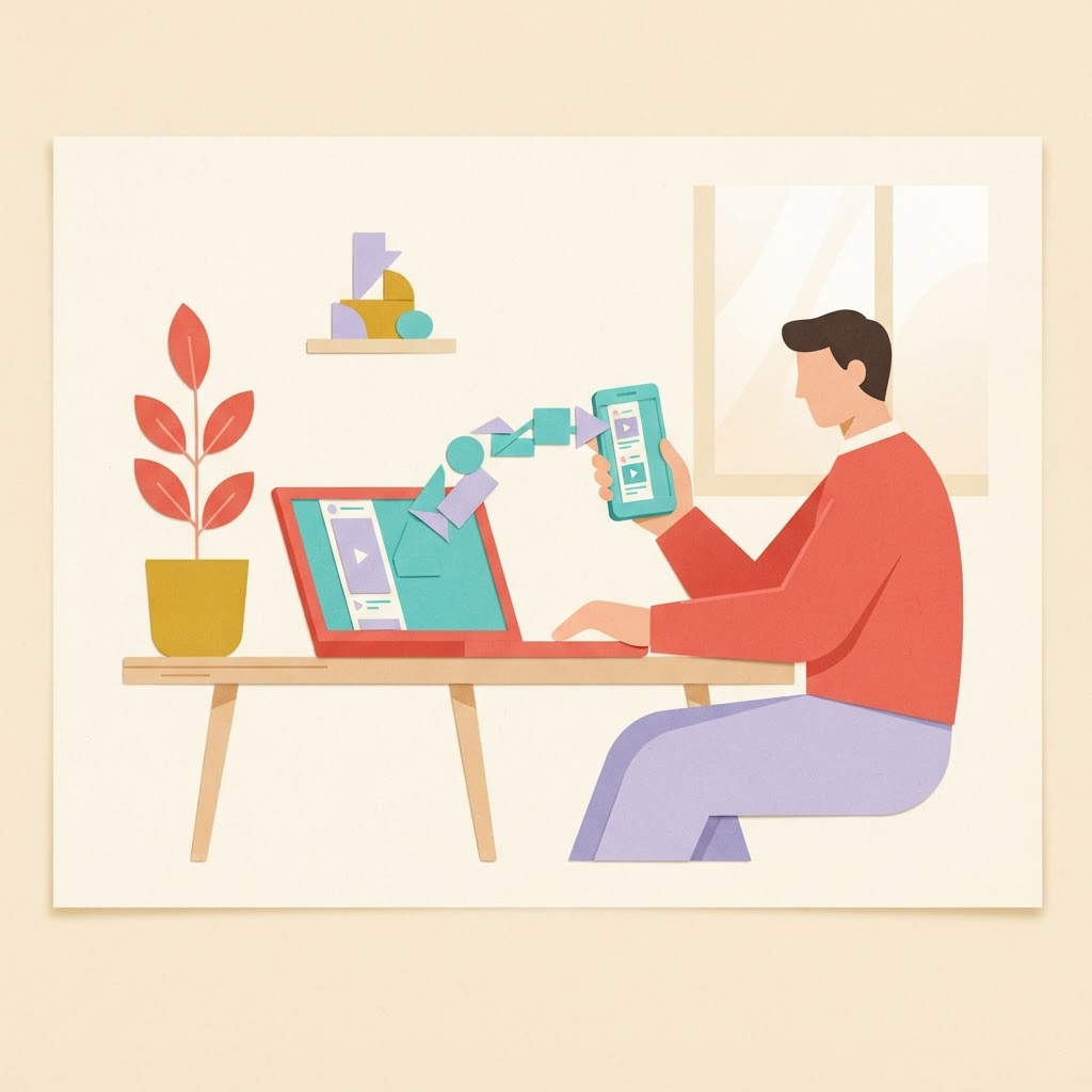 Illustration of a person moving a vertical video link between a phone and laptop