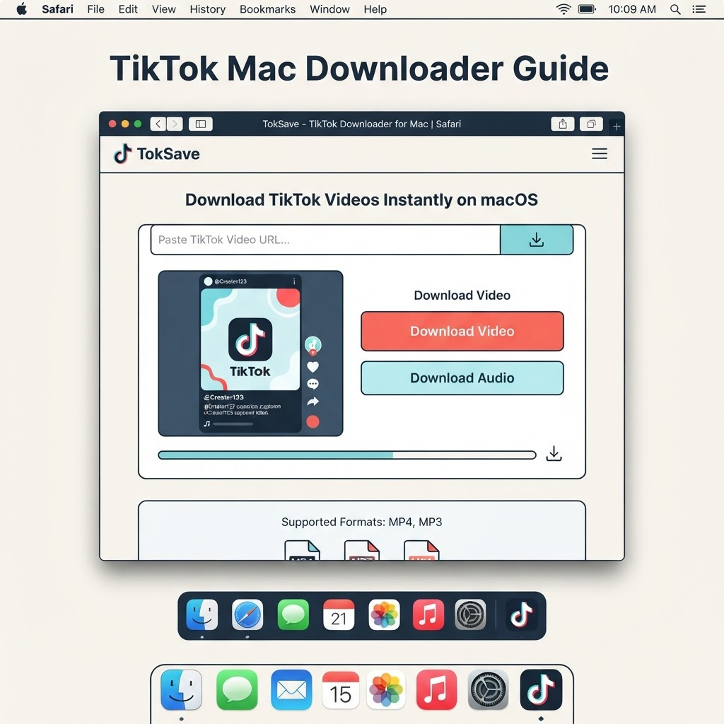 Escritorio macOS que muestra el navegador Safari con el descargador TokSave