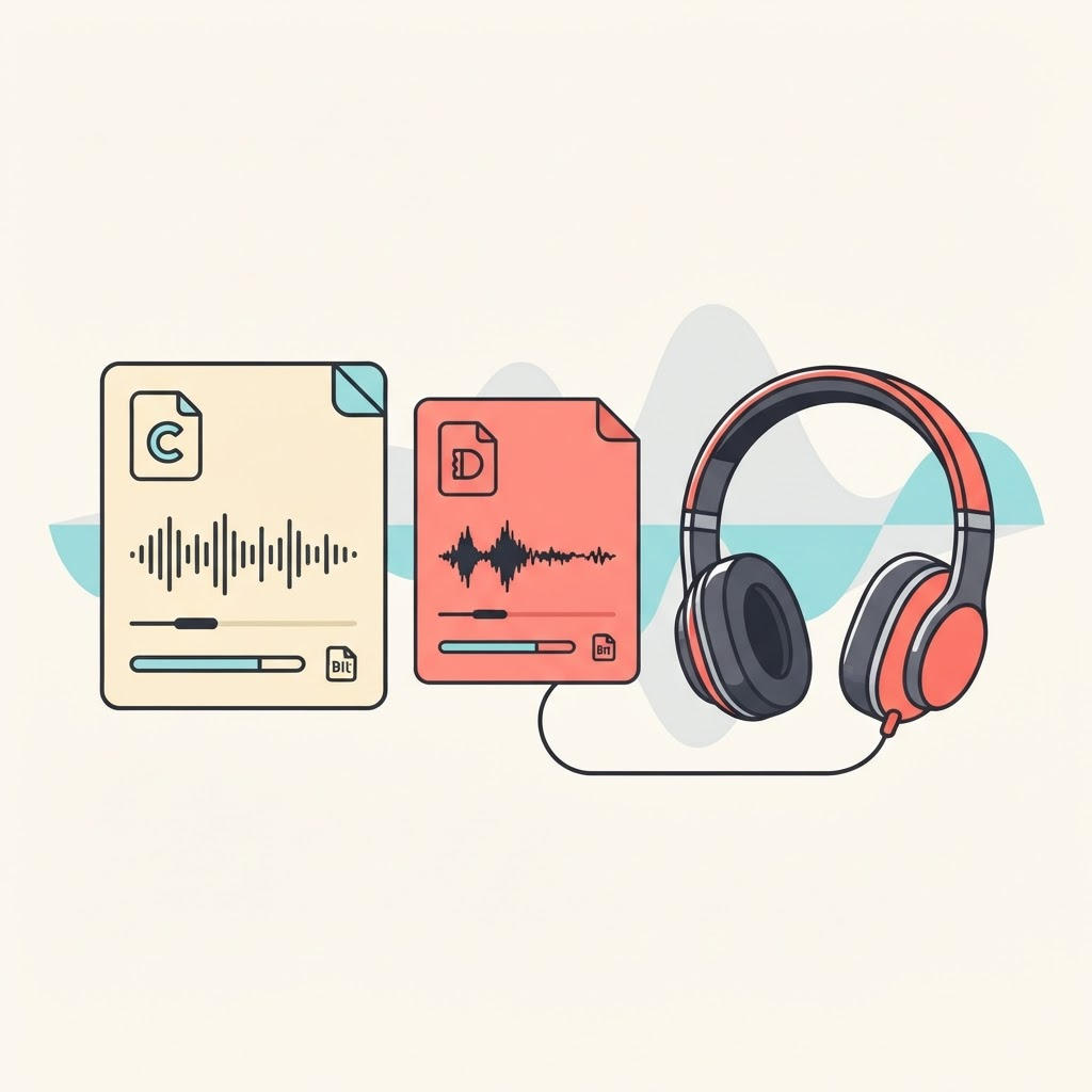 Two audio file cards beside headphones and a waveform
