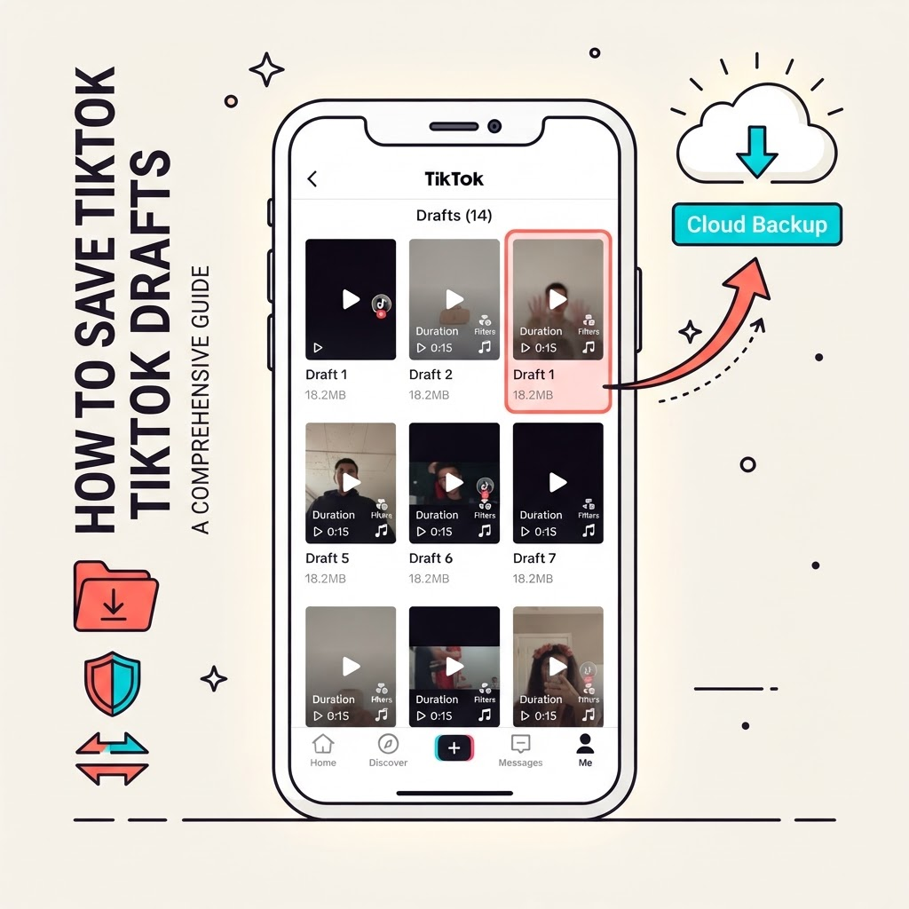 Teléfono que muestra la carpeta TikTok Drafts con opciones de exportación