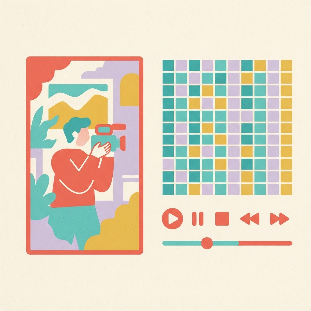Illustration of a vertical video beside a crisp pixel grid and editing controls